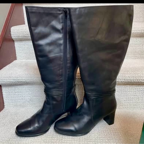 EUC David Tate 11W Black Leather 19” Calf Gusseted 3” Heel Boots Autumn Winter - Picture 2 of 9